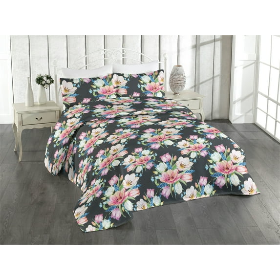 Ambesonne Nature Quilted Bedspread Set 3 Pcs, Spring Flowers Vintage Plot, Twin, Pale Fuchsia and Lime Green