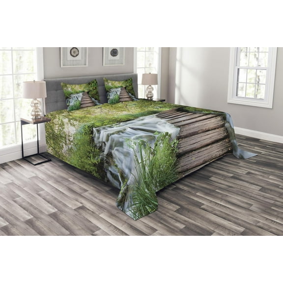 Ambesonne Nature Quilted Bedspread Set 3 Pcs, Stream in Green Jungle, King Size, Brown Green White
