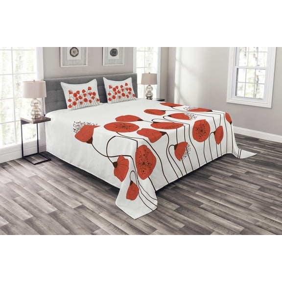 Ambesonne Nature Quilted Bedspread Set 3 Pcs, Summer Poppy Flowers, King Size, Vermilion and Pearl