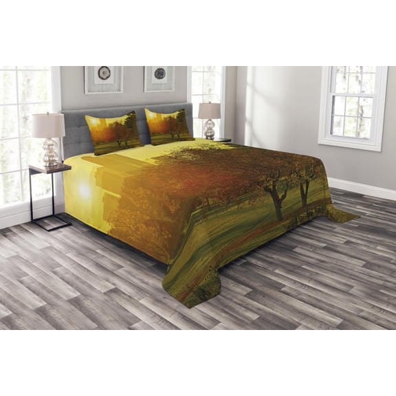 Ambesonne Nature Quilted Bedspread Set 3 Pcs, Sunset over City Park, Queen Size, Fern Green Dark Orange