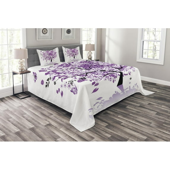Ambesonne Nature Quilted Bedspread Set 3 Pcs, Tree of Life, King Size, Lilac Purple