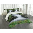thumbnail image 1 of Ambesonne Nature Quilted Bedspread Set 3 Pcs, Trees Flowers Waterfall, Queen Size, Green White, 1 of 5