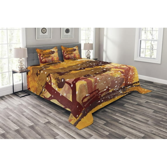 Ambesonne Nature Quilted Bedspread Set 3 Pcs, Trees and Bench Snowfall, Queen Size, Multicolor
