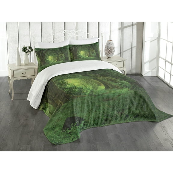 Ambesonne Nature Quilted Bedspread Set 3 Pcs, Tropical Jungle Trees, Queen Size, Green