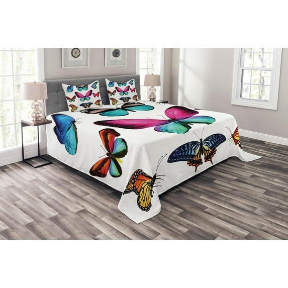 Ambesonne Nature Quilted Bedspread Set 3 Pcs, Vibrant Butterflies Set, Queen Size, Multicolor