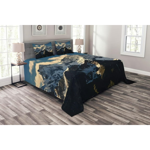 Ambesonne Nature Quilted Bedspread Set 3 Pcs, View of Alps Mountain, Queen Size, White Black Blue