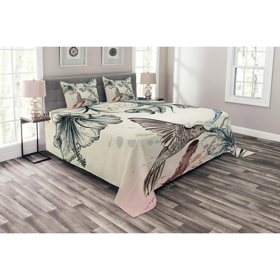 Ambesonne Nature Quilted Bedspread Set 3 Pcs, Vintage Birds Flowers, King Size, Teal Brown