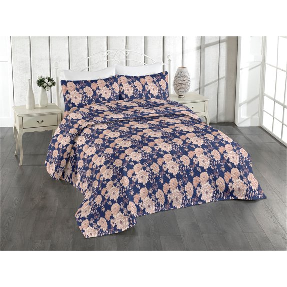 Ambesonne Nature Quilted Bedspread Set 3 Pcs, Vintage Butterfly Pattern, King, Indigo and Pale Rose
