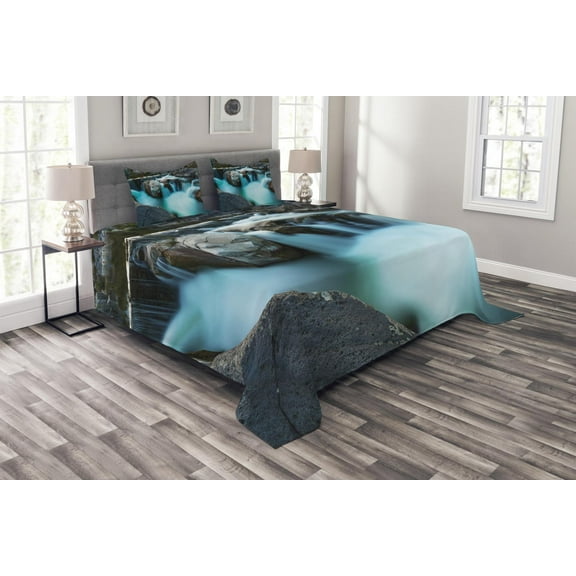 Ambesonne Nature Quilted Bedspread Set 3 Pcs, Waterfall Basalt Rocks, Queen Size, Sky Blue Grey Green