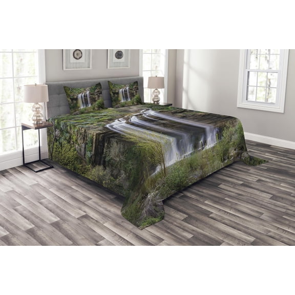 Ambesonne Nature Quilted Bedspread Set 3 Pcs, Waterfall Forest Sicily, King Size, Brown Green White