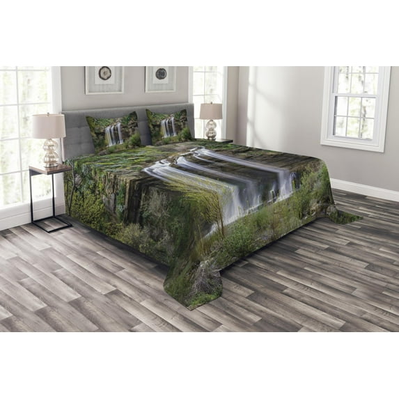 Ambesonne Nature Quilted Bedspread Set 3 Pcs, Waterfall Forest Sicily, King Size, Brown Green White