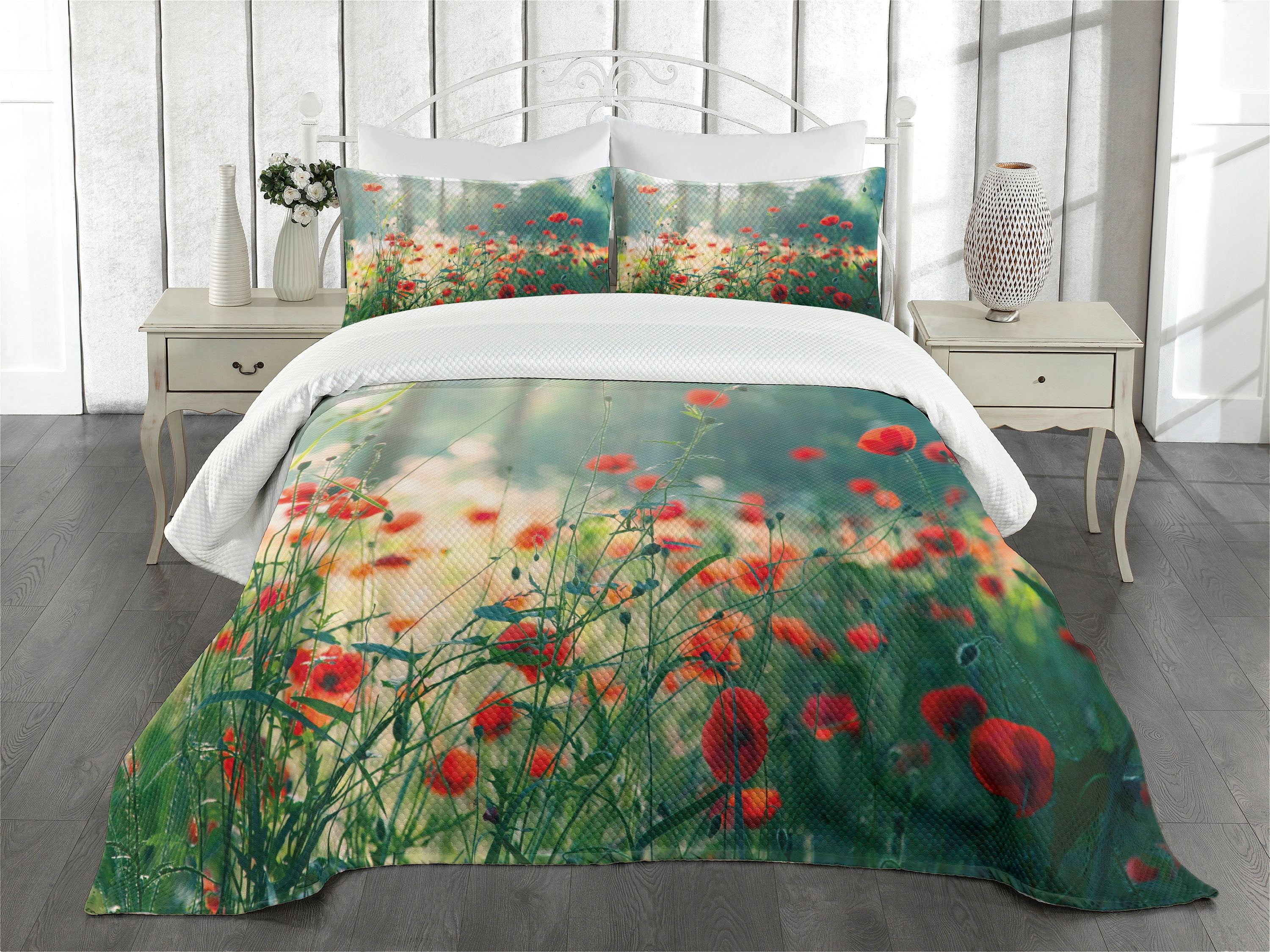 King Size Red Poppy Field Polyester Bedspread Set