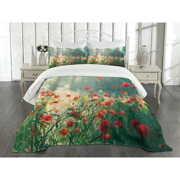 Ambesonne Nature Quilted Bedspread Set 3 Pcs, Wild Red Poppy Field, Queen Size, Red Green Yellow