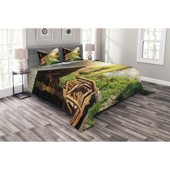 Ambesonne Nature Quilted Bedspread Set 3 Pcs, Wooden House by the Lake, King Size, Multicolor