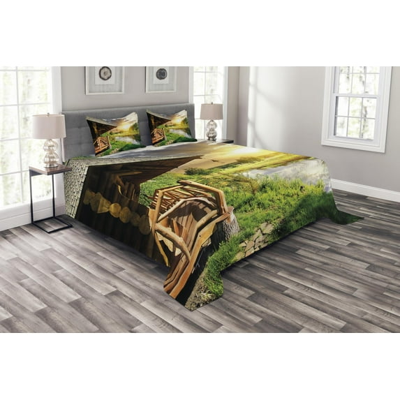Ambesonne Nature Quilted Bedspread Set 3 Pcs, Wooden House by the Lake, Queen Size, Multicolor