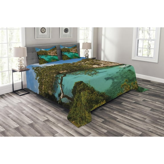 Ambesonne Nature Quilted Bedspread Set 3 Pcs, Yacht on Sea Scenic View, Queen Size, Green Aqua Blue