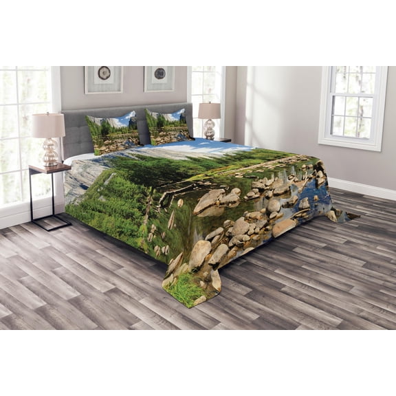 Ambesonne Nature Quilted Bedspread Set 3 Pcs, Yosemite Forest River, King Size, Green Blue