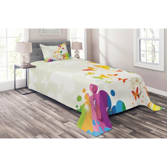 Ambesonne Nature Quilted Coverlet 2 Pcs, Butterfly Festival Art, Twin Size, Multicolor