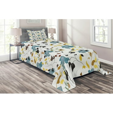 Ambesonne Nature Quilted Coverlet 2 Pcs, Colorful Flowers Leaf, Twin Size, Multicolor