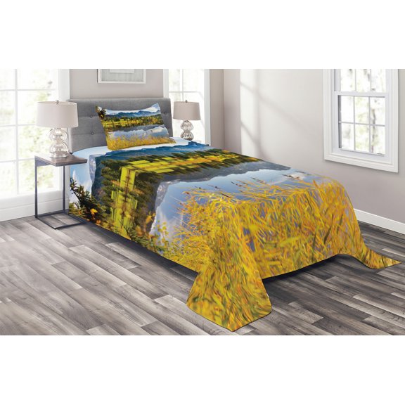 Ambesonne Nature Quilted Coverlet 2 Pcs, Country Scene and Lake, Twin Size, Multicolor