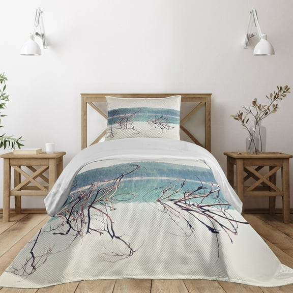 Ambesonne Nature Quilted Coverlet 2 Pcs, Fallen Tree in Beach, Twin Size, Cream Green