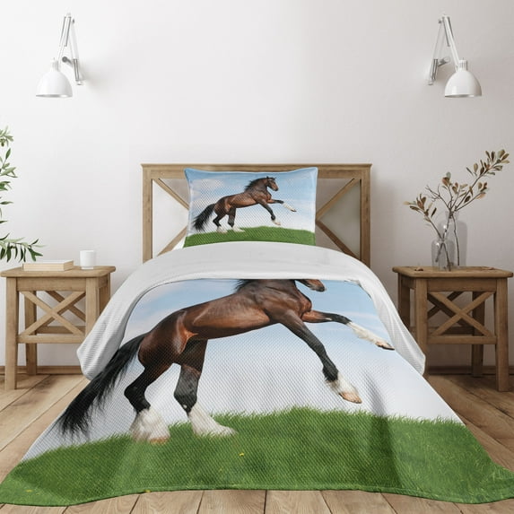 Ambesonne Nature Quilted Coverlet 2 Pcs, Horse Pacing on Grass, Twin Size, Blue Green Brown