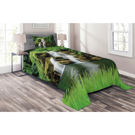 Ambesonne Nature Quilted Coverlet 2 Pcs, Lake Garden Waterfall, Twin Size, Green