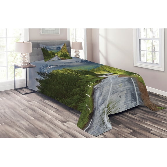 Ambesonne Nature Quilted Coverlet 2 Pcs, Mountain Landscape Road, Twin Size, Green Grey Brown