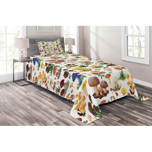 Ambesonne Nature Quilted Coverlet 2 Pcs, Mushrooms Wild Nature Print, Twin Size, Multicolor