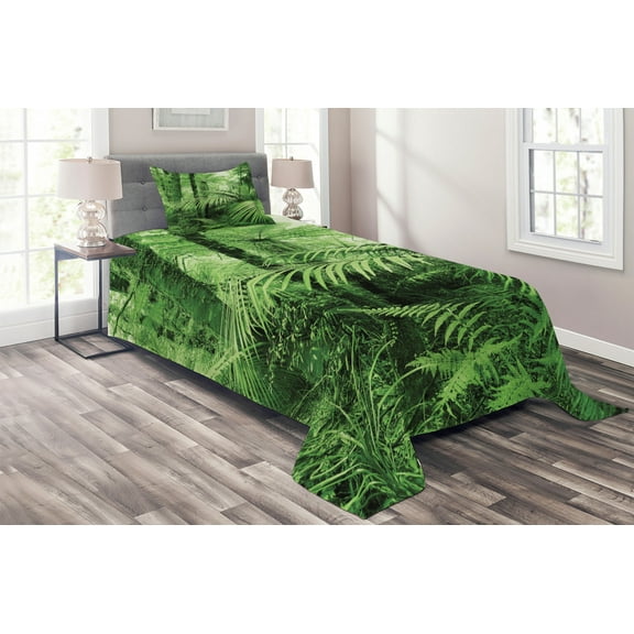 Ambesonne Nature Quilted Coverlet 2 Pcs, Palm Trees Exotic Plants, Twin Size, Green