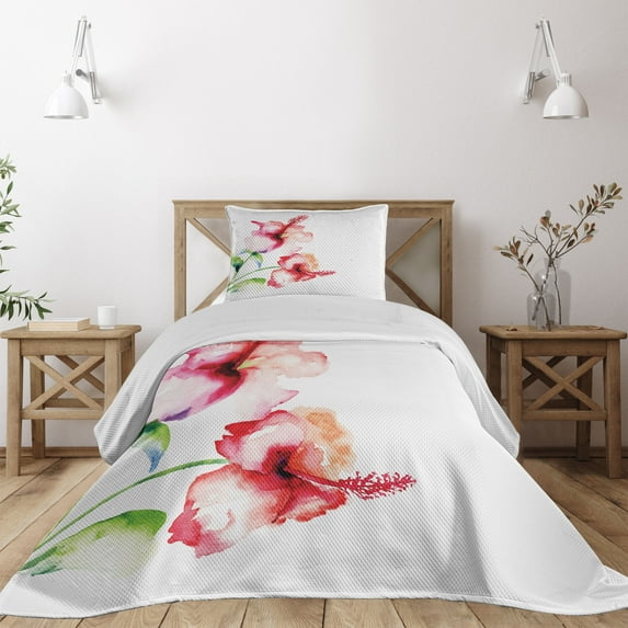 Ambesonne Nature Quilted Coverlet 2 Pcs, Pastel Nature, Twin Size, White Red Green