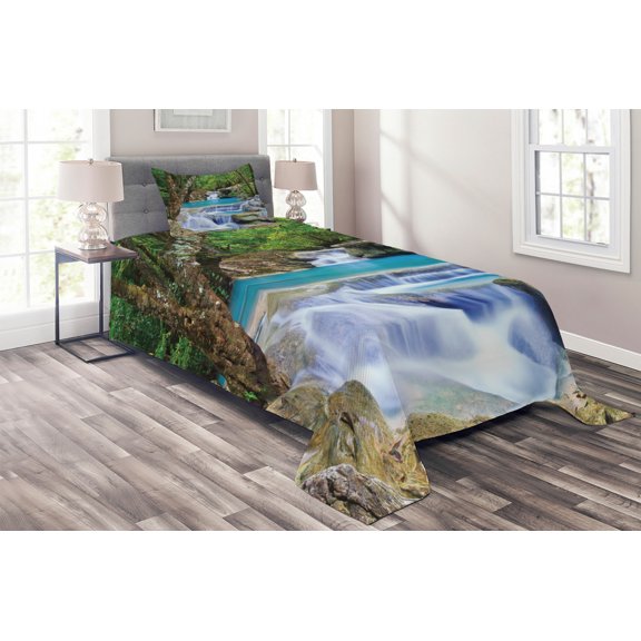 Ambesonne Nature Quilted Coverlet 2 Pcs, Rocks in Waterfall Lake, Twin Size, Green Blue and Brown