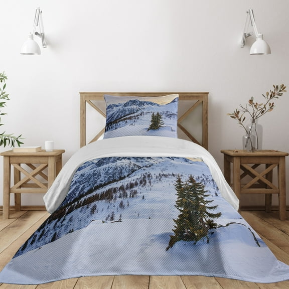 Ambesonne Nature Quilted Coverlet 2 Pcs, Snowy Mountain Winter, Twin Size, White Green