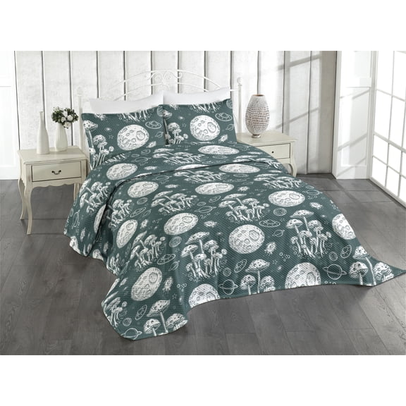Ambesonne Nature Quilted Coverlet 2 Pcs, Space Minimalist Moon Art, Twin Size, Jade Green Eggshell