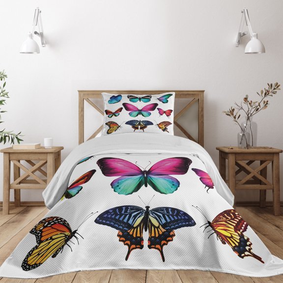 Ambesonne Nature Quilted Coverlet 2 Pcs, Vibrant Butterflies Set, Twin Size, Multicolor