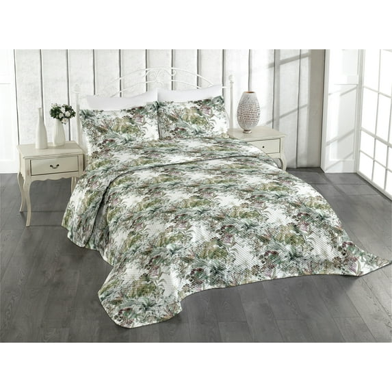 Ambesonne Nature Quilted Coverlet 2 Pcs, Vintage Botany Composition, Twin Size, Khaki and Fern Green
