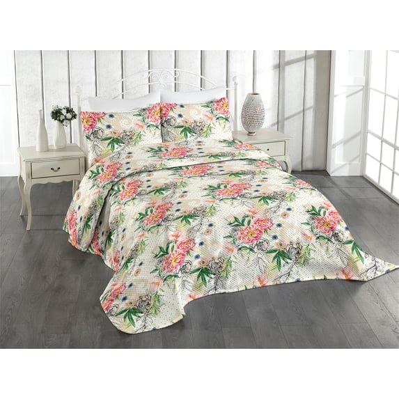 Ambesonne Nature Quilted Coverlet 2 Pcs, Watercolor Flowers Dots Art, Twin Size, Hunter Green and Dark Coral