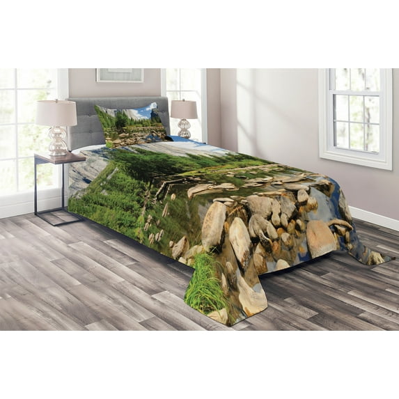 Ambesonne Nature Quilted Coverlet 2 Pcs, Yosemite Forest River, Twin Size, Green Blue