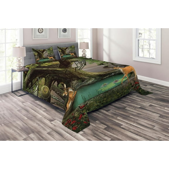 Ambesonne Nature Quilted Coverlet 3 Pcs, Abstract Deer and Tree House, King Size, Multicolor