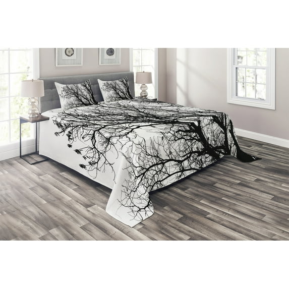 Ambesonne Nature Quilted Coverlet 3 Pcs, Autumn Fall Tree Branch, Queen Size, Black and White