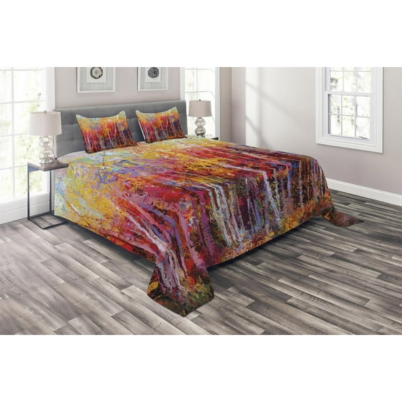 Ambesonne Nature Quilted Coverlet 3 Pcs, Autumn Forest Painting, Queen Size, Orange Yellow