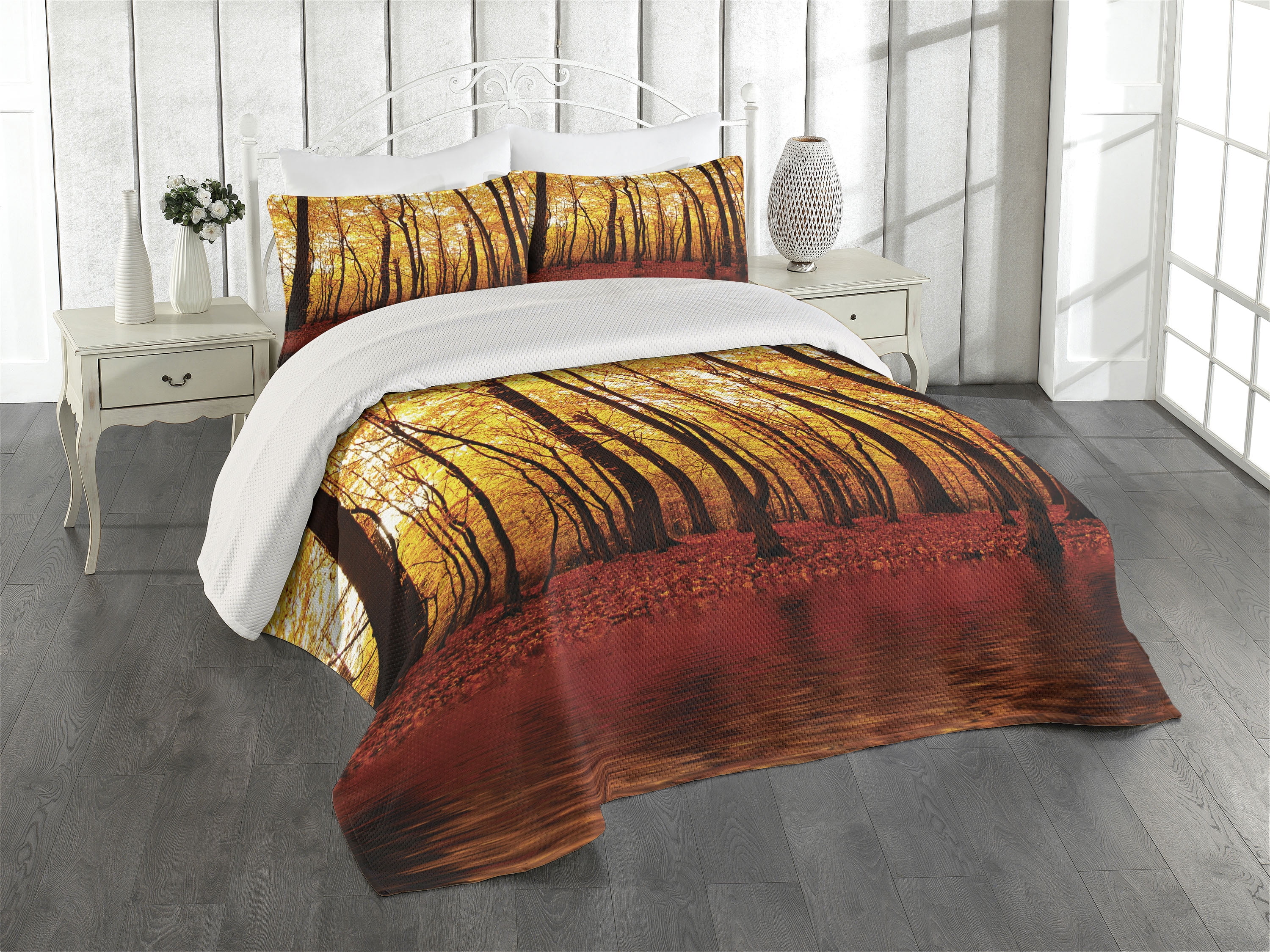 King Size Autumn Forest Quilted Bedspread Set in Brown and Orange