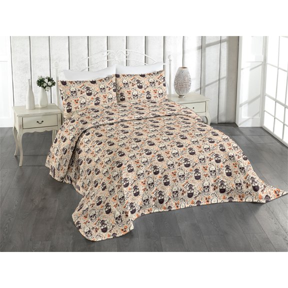 Ambesonne Nature Quilted Coverlet 3 Pcs, Butterfly Floral Skull Print, King Size, Apricot and Eggshell