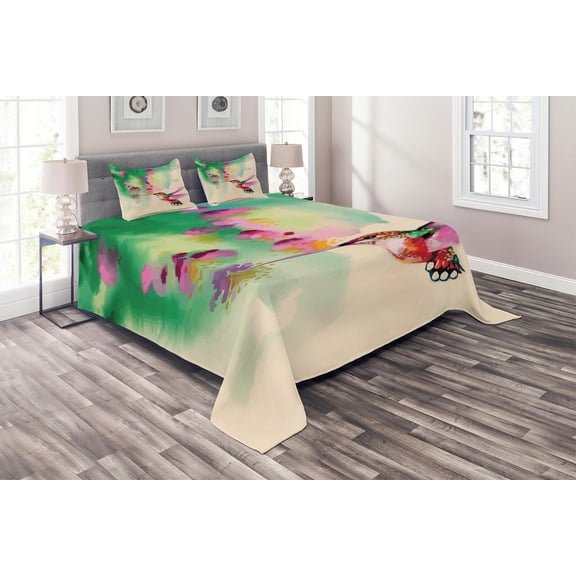 Ambesonne Nature Quilted Coverlet 3 Pcs, Colibri and Flowers, Queen Size, Green Fuchsia