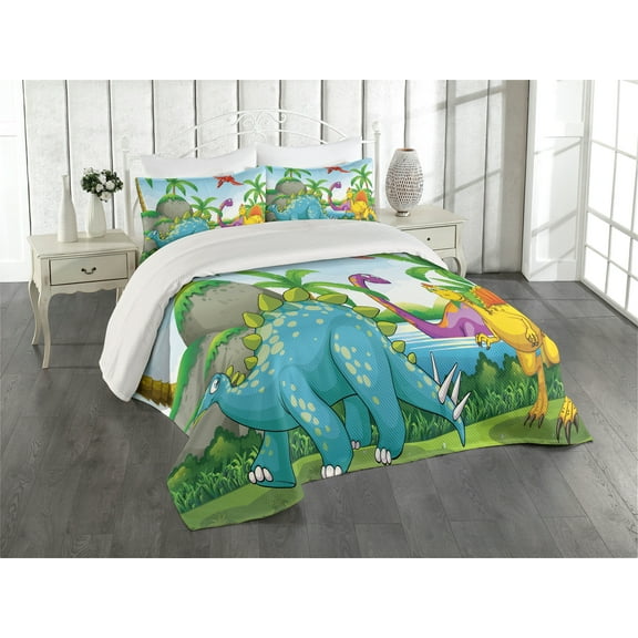Ambesonne Nature Quilted Coverlet 3 Pcs, Dinosaurs in the Jungle, King Size, Multicolor