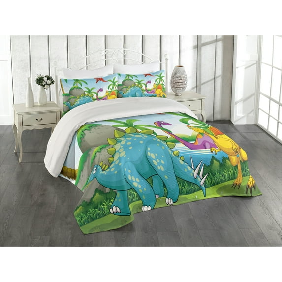 Ambesonne Nature Quilted Coverlet 3 Pcs, Dinosaurs in the Jungle, Queen Size, Multicolor