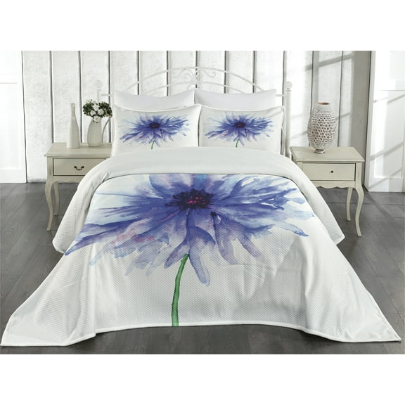 Ambesonne Nature Quilted Coverlet 3 Pcs, Earth Cornflower, King Size, Navy Blue White