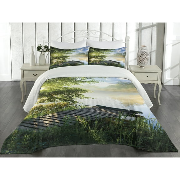 Ambesonne Nature Quilted Coverlet 3 Pcs, Fishing Pier by River, King Size, Green Blue White