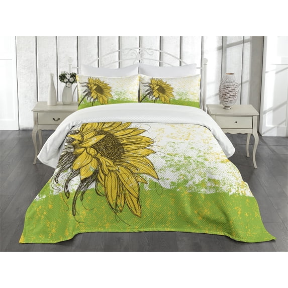 Ambesonne Nature Quilted Coverlet 3 Pcs, Floral with Sunflowers, King Size, Multicolor
