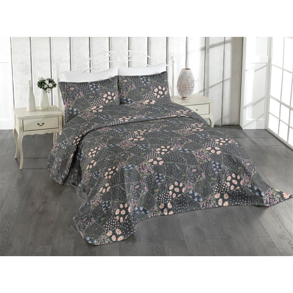 Ambesonne Nature Quilted Coverlet 3 Pcs, Flowers Foliage Dark Back, Queen Size, Pale Ruby and Slate Brown